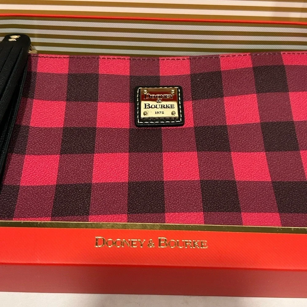 Dooney & Bourke Carrington Pouch, Black Red, Buffalo Check, Tassel, LOGO, Box